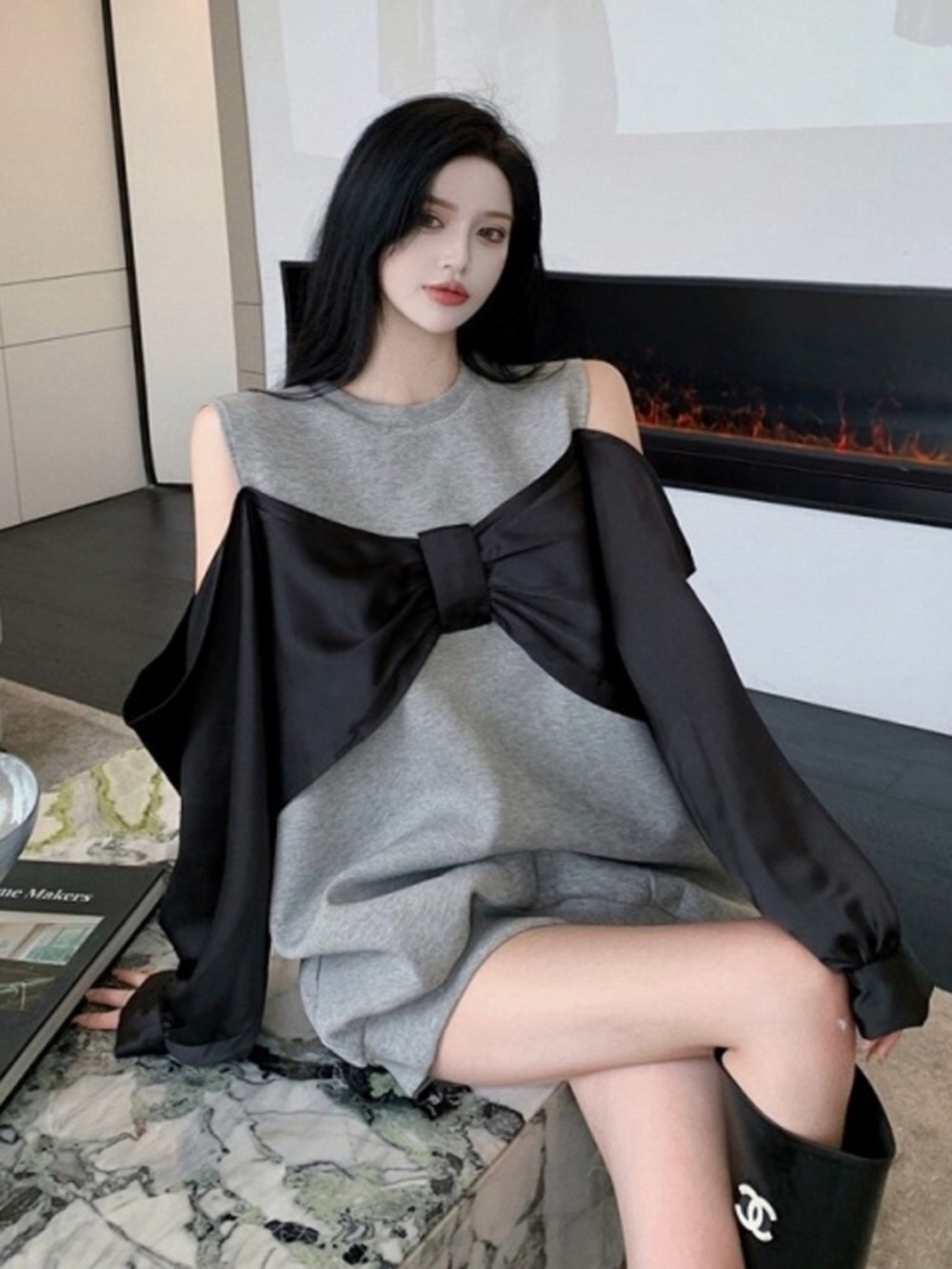 Cold-Shoulder Grey Dress with Black Satin Bow